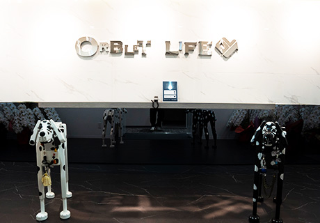 開放的な白基調のオフィススペース。ORBLET LIFE ロゴが壁に配置されている