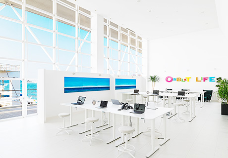 福利厚生サービスのパンフレットを持つ女性社員たちのプレゼンテーション風景